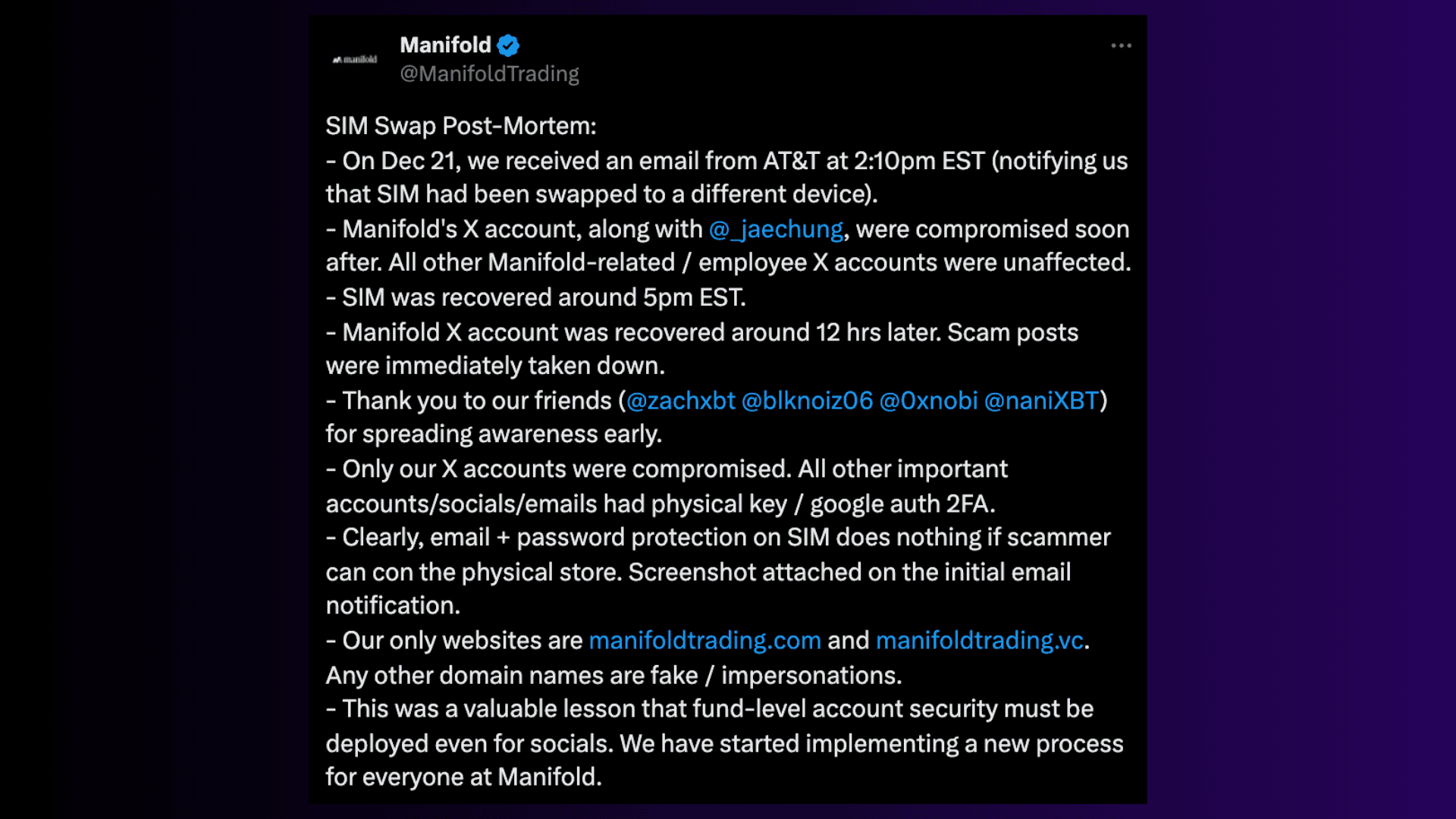 Manifold X account compromised
