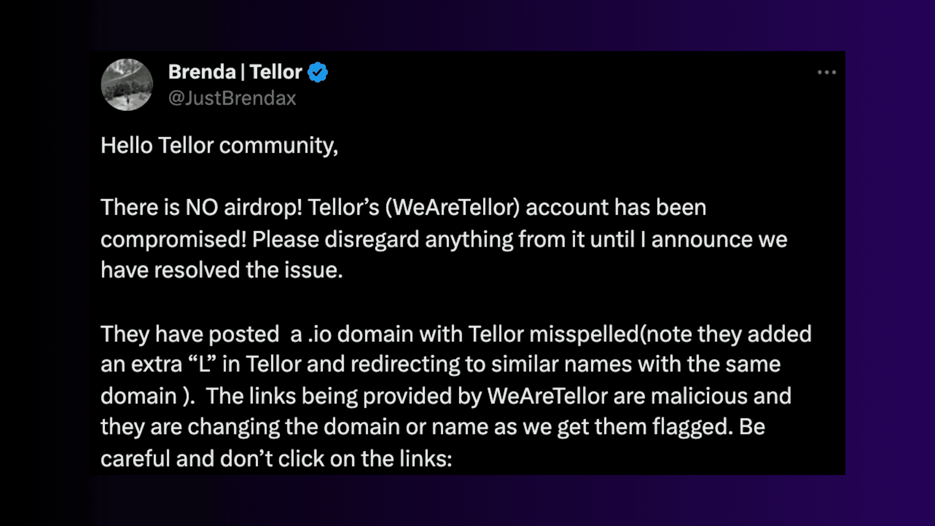 Tellor X account compromised